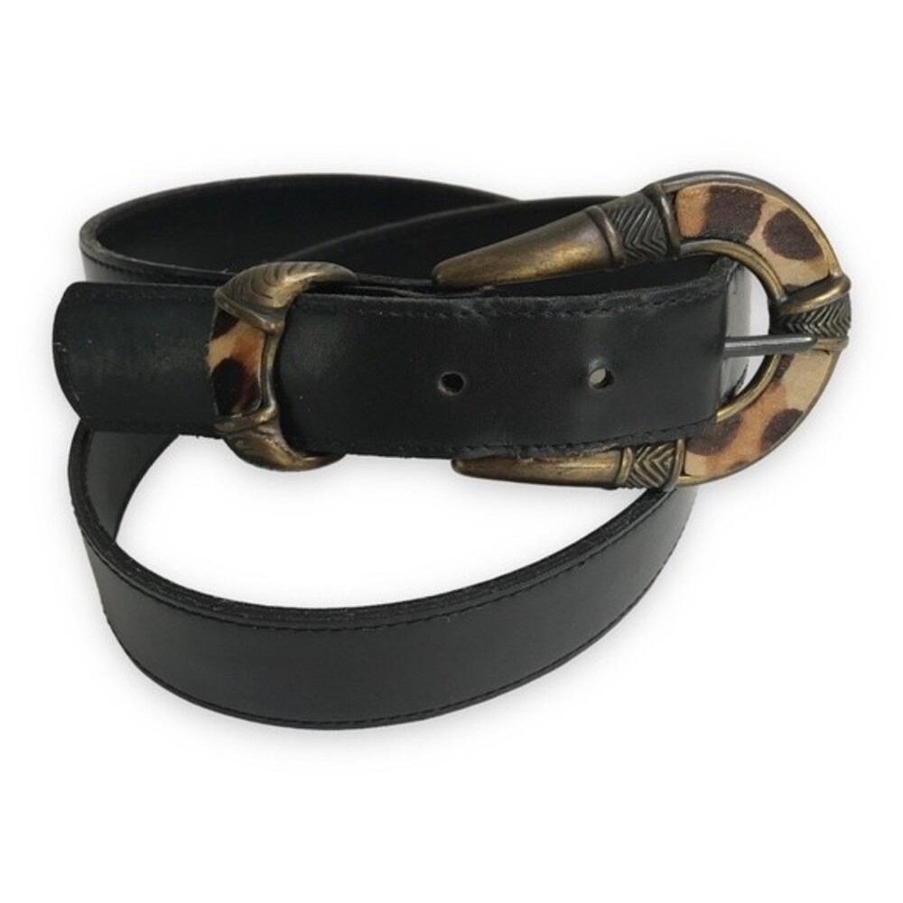 Animal Print Black Belt Made in USA Brass Color Buckle Size Medium Large